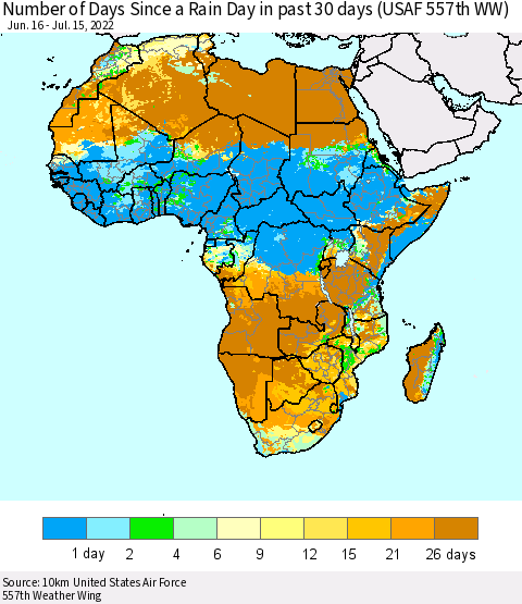 Africa Number of Days Since a Rain Day in past 30 days (USAF 557th WW) Thematic Map For 7/11/2022 - 7/15/2022