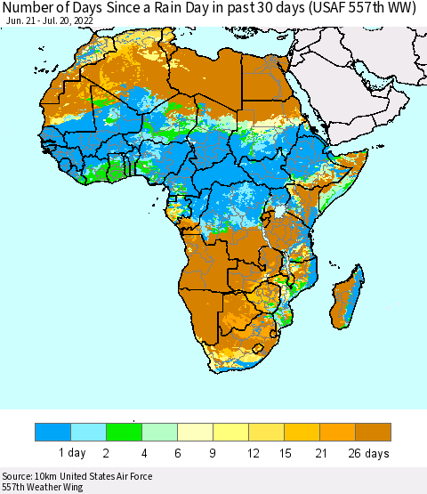 Africa Number of Days Since a Rain Day in past 30 days (USAF 557th WW) Thematic Map For 7/16/2022 - 7/20/2022