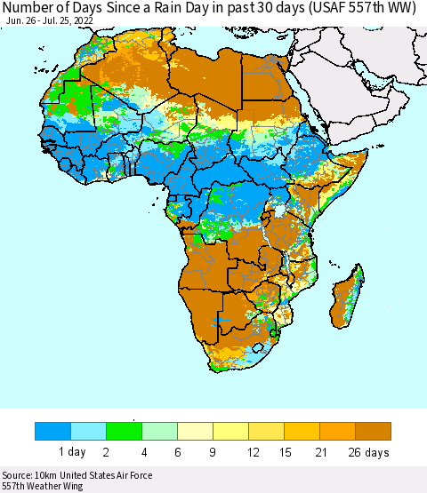 Africa Number of Days Since a Rain Day in past 30 days (USAF 557th WW) Thematic Map For 7/21/2022 - 7/25/2022