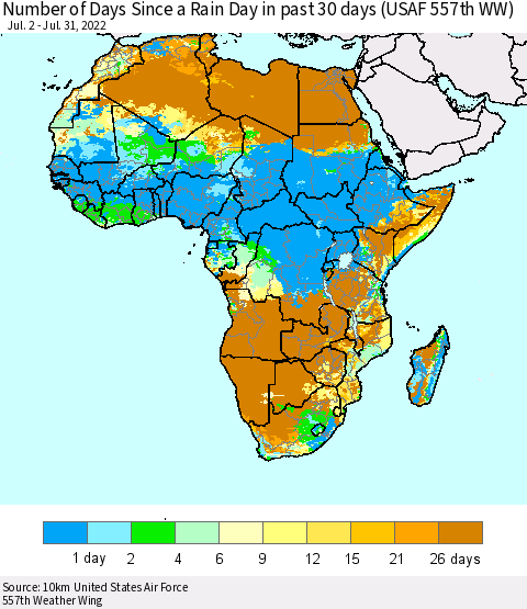 Africa Number of Days Since a Rain Day in past 30 days (USAF 557th WW) Thematic Map For 7/26/2022 - 7/31/2022