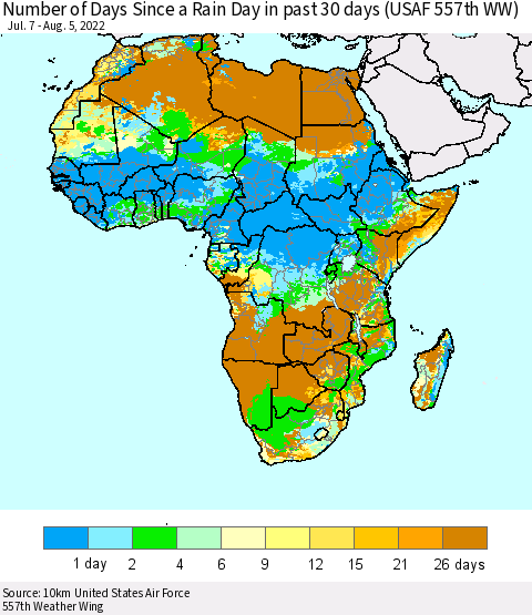 Africa Number of Days Since a Rain Day in past 30 days (USAF 557th WW) Thematic Map For 8/1/2022 - 8/5/2022