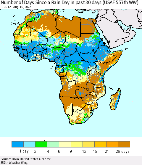 Africa Number of Days Since a Rain Day in past 30 days (USAF 557th WW) Thematic Map For 8/6/2022 - 8/10/2022