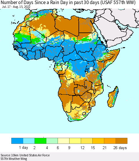 Africa Number of Days Since a Rain Day in past 30 days (USAF 557th WW) Thematic Map For 8/11/2022 - 8/15/2022