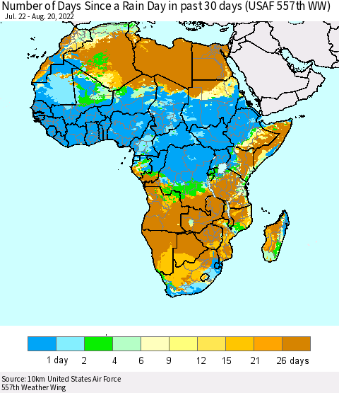 Africa Number of Days Since a Rain Day in past 30 days (USAF 557th WW) Thematic Map For 8/16/2022 - 8/20/2022