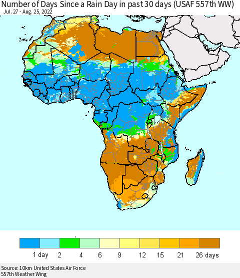 Africa Number of Days Since a Rain Day in past 30 days (USAF 557th WW) Thematic Map For 8/21/2022 - 8/25/2022