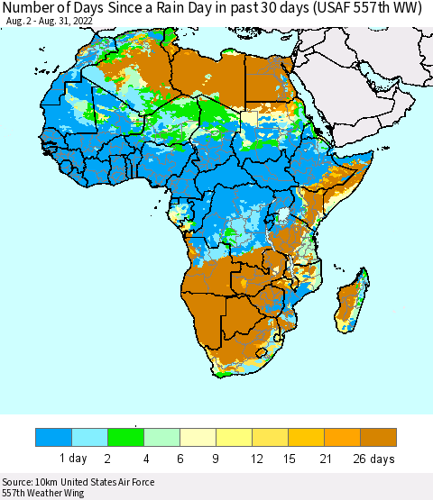 Africa Number of Days Since a Rain Day in past 30 days (USAF 557th WW) Thematic Map For 8/26/2022 - 8/31/2022