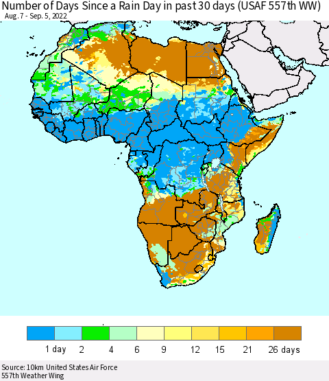 Africa Number of Days Since a Rain Day in past 30 days (USAF 557th WW) Thematic Map For 9/1/2022 - 9/5/2022