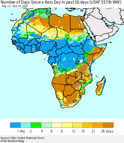 Africa Number of Days Since a Rain Day in past 30 days (USAF 557th WW) Thematic Map For 9/6/2022 - 9/10/2022