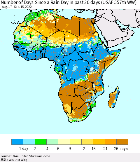 Africa Number of Days Since a Rain Day in past 30 days (USAF 557th WW) Thematic Map For 9/11/2022 - 9/15/2022