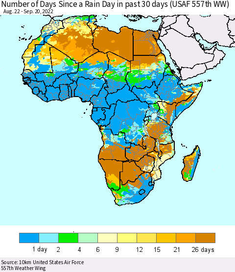 Africa Number of Days Since a Rain Day in past 30 days (USAF 557th WW) Thematic Map For 9/16/2022 - 9/20/2022