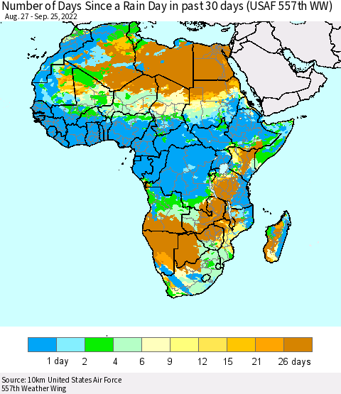 Africa Number of Days Since a Rain Day in past 30 days (USAF 557th WW) Thematic Map For 9/21/2022 - 9/25/2022