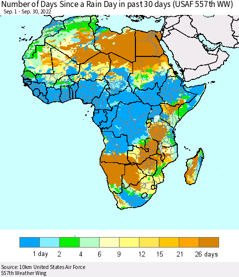 Africa Number of Days Since a Rain Day in past 30 days (USAF 557th WW) Thematic Map For 9/26/2022 - 9/30/2022