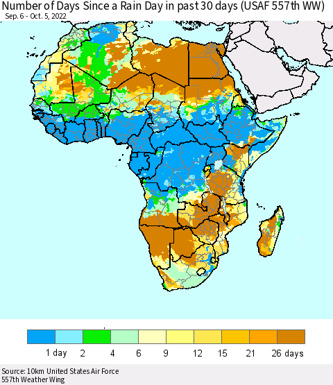 Africa Number of Days Since a Rain Day in past 30 days (USAF 557th WW) Thematic Map For 10/1/2022 - 10/5/2022