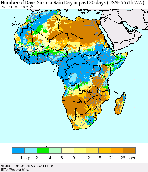 Africa Number of Days Since a Rain Day in past 30 days (USAF 557th WW) Thematic Map For 10/6/2022 - 10/10/2022