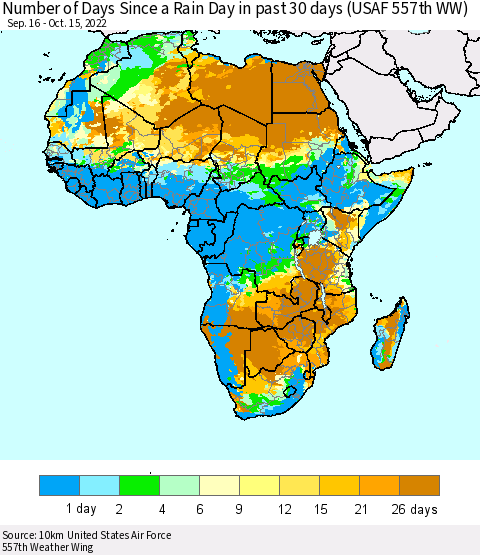 Africa Number of Days Since a Rain Day in past 30 days (USAF 557th WW) Thematic Map For 10/11/2022 - 10/15/2022