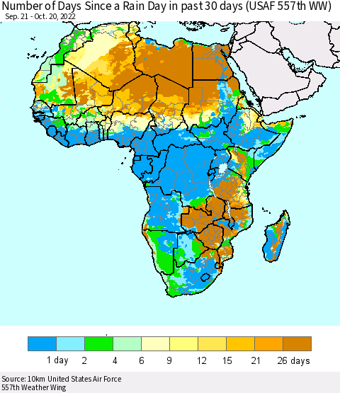 Africa Number of Days Since a Rain Day in past 30 days (USAF 557th WW) Thematic Map For 10/16/2022 - 10/20/2022