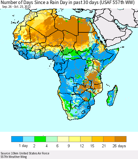 Africa Number of Days Since a Rain Day in past 30 days (USAF 557th WW) Thematic Map For 10/21/2022 - 10/25/2022