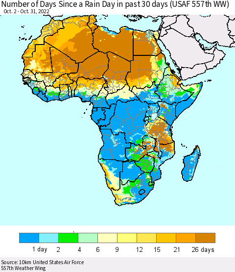 Africa Number of Days Since a Rain Day in past 30 days (USAF 557th WW) Thematic Map For 10/26/2022 - 10/31/2022