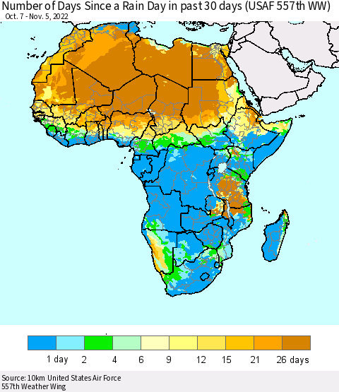 Africa Number of Days Since a Rain Day in past 30 days (USAF 557th WW) Thematic Map For 11/1/2022 - 11/5/2022