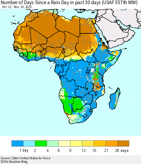 Africa Number of Days Since a Rain Day in past 30 days (USAF 557th WW) Thematic Map For 11/6/2022 - 11/10/2022