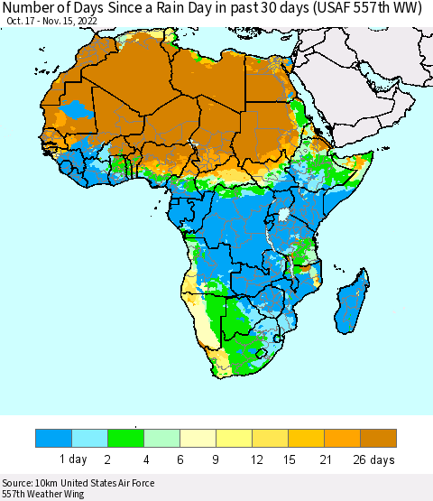Africa Number of Days Since a Rain Day in past 30 days (USAF 557th WW) Thematic Map For 11/11/2022 - 11/15/2022