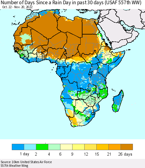 Africa Number of Days Since a Rain Day in past 30 days (USAF 557th WW) Thematic Map For 11/16/2022 - 11/20/2022