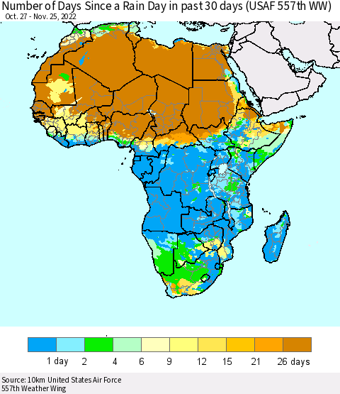 Africa Number of Days Since a Rain Day in past 30 days (USAF 557th WW) Thematic Map For 11/21/2022 - 11/25/2022