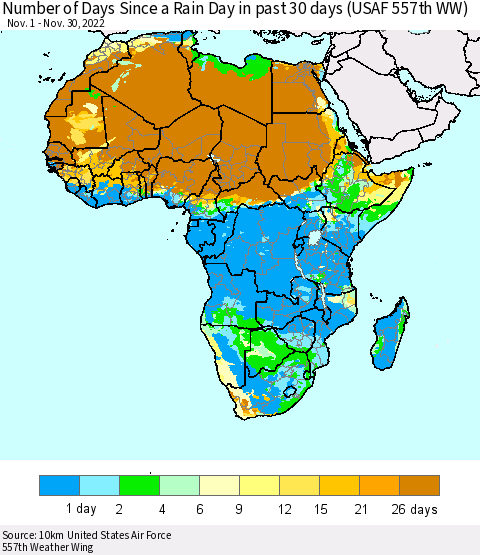 Africa Number of Days Since a Rain Day in past 30 days (USAF 557th WW) Thematic Map For 11/26/2022 - 11/30/2022