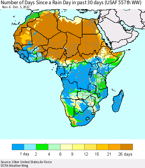 Africa Number of Days Since a Rain Day in past 30 days (USAF 557th WW) Thematic Map For 12/1/2022 - 12/5/2022
