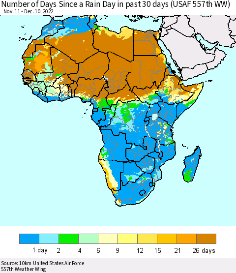 Africa Number of Days Since a Rain Day in past 30 days (USAF 557th WW) Thematic Map For 12/6/2022 - 12/10/2022