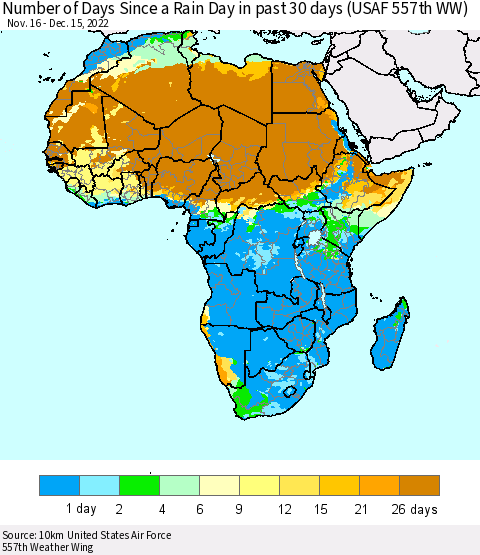 Africa Number of Days Since a Rain Day in past 30 days (USAF 557th WW) Thematic Map For 12/11/2022 - 12/15/2022
