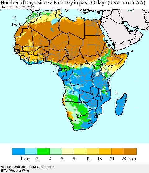 Africa Number of Days Since a Rain Day in past 30 days (USAF 557th WW) Thematic Map For 12/16/2022 - 12/20/2022