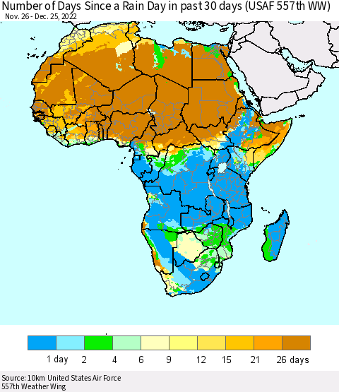 Africa Number of Days Since a Rain Day in past 30 days (USAF 557th WW) Thematic Map For 12/21/2022 - 12/25/2022