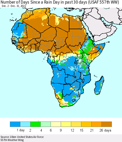 Africa Number of Days Since a Rain Day in past 30 days (USAF 557th WW) Thematic Map For 12/26/2022 - 12/31/2022