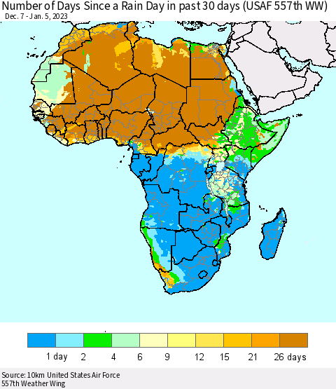Africa Number of Days Since a Rain Day in past 30 days (USAF 557th WW) Thematic Map For 1/1/2023 - 1/5/2023