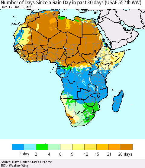 Africa Number of Days Since a Rain Day in past 30 days (USAF 557th WW) Thematic Map For 1/6/2023 - 1/10/2023
