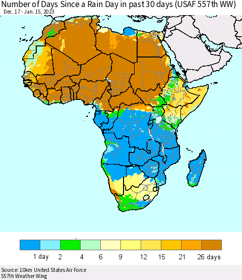 Africa Number of Days Since a Rain Day in past 30 days (USAF 557th WW) Thematic Map For 1/11/2023 - 1/15/2023