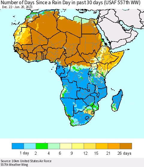 Africa Number of Days Since a Rain Day in past 30 days (USAF 557th WW) Thematic Map For 1/16/2023 - 1/20/2023