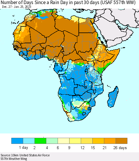 Africa Number of Days Since a Rain Day in past 30 days (USAF 557th WW) Thematic Map For 1/21/2023 - 1/25/2023