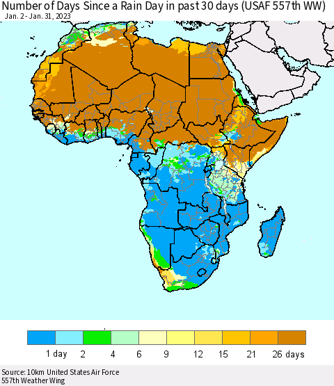 Africa Number of Days Since a Rain Day in past 30 days (USAF 557th WW) Thematic Map For 1/26/2023 - 1/31/2023
