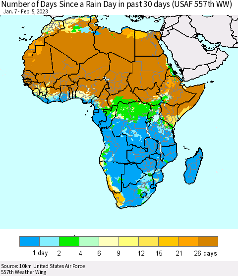 Africa Number of Days Since a Rain Day in past 30 days (USAF 557th WW) Thematic Map For 2/1/2023 - 2/5/2023