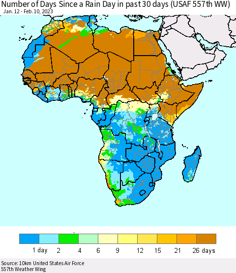 Africa Number of Days Since a Rain Day in past 30 days (USAF 557th WW) Thematic Map For 2/6/2023 - 2/10/2023