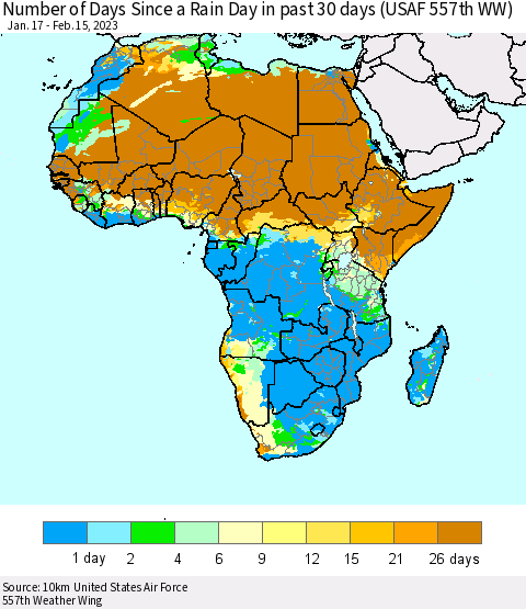 Africa Number of Days Since a Rain Day in past 30 days (USAF 557th WW) Thematic Map For 2/11/2023 - 2/15/2023