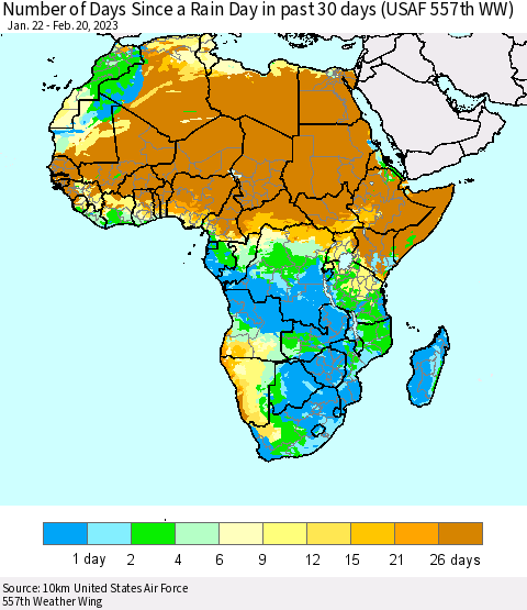 Africa Number of Days Since a Rain Day in past 30 days (USAF 557th WW) Thematic Map For 2/16/2023 - 2/20/2023