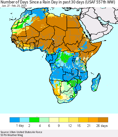 Africa Number of Days Since a Rain Day in past 30 days (USAF 557th WW) Thematic Map For 2/21/2023 - 2/25/2023