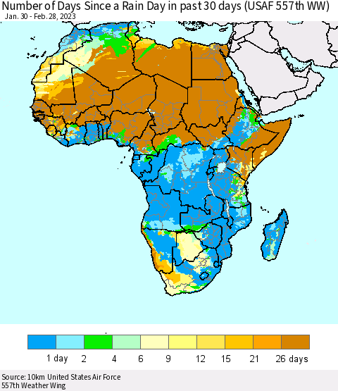Africa Number of Days Since a Rain Day in past 30 days (USAF 557th WW) Thematic Map For 2/26/2023 - 2/28/2023