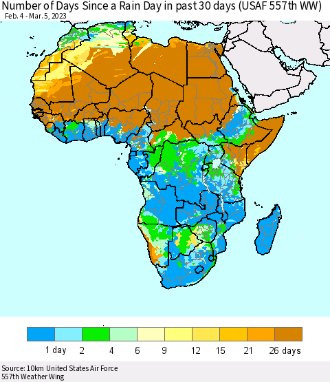 Africa Number of Days Since a Rain Day in past 30 days (USAF 557th WW) Thematic Map For 3/1/2023 - 3/5/2023