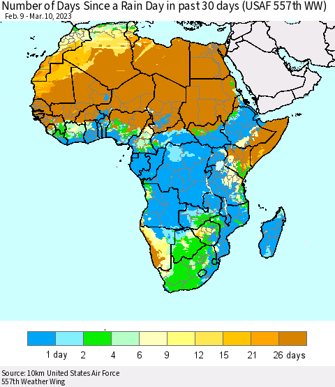 Africa Number of Days Since a Rain Day in past 30 days (USAF 557th WW) Thematic Map For 3/6/2023 - 3/10/2023