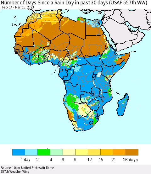 Africa Number of Days Since a Rain Day in past 30 days (USAF 557th WW) Thematic Map For 3/11/2023 - 3/15/2023
