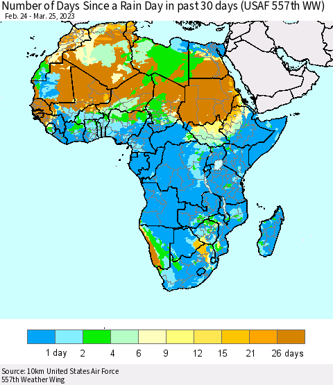 Africa Number of Days Since a Rain Day in past 30 days (USAF 557th WW) Thematic Map For 3/21/2023 - 3/25/2023